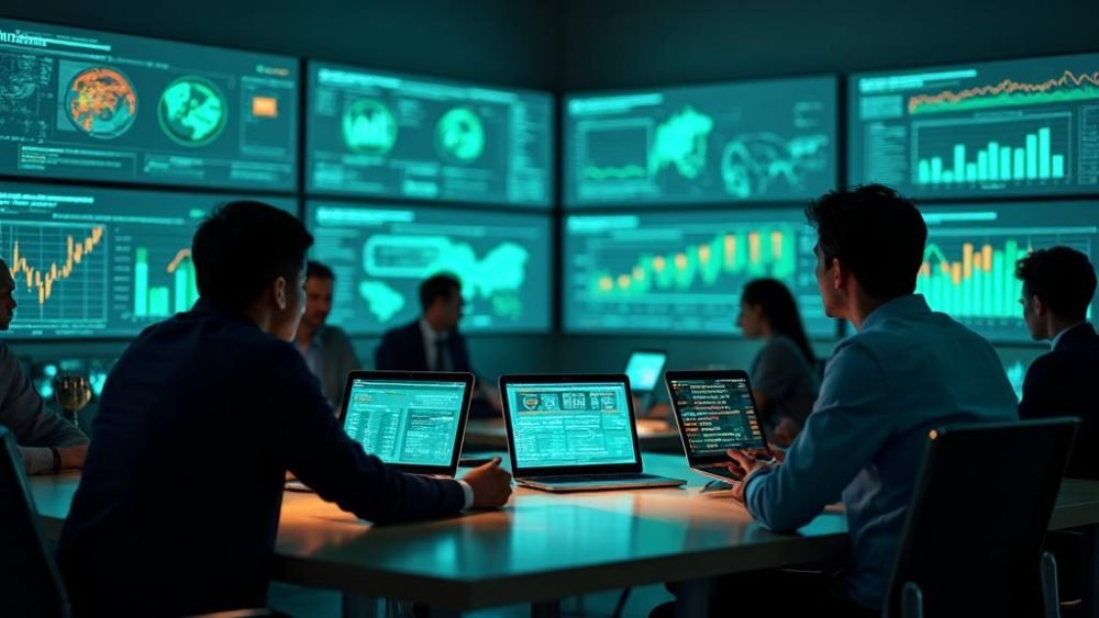 Sala de análise com dashboards e equipe