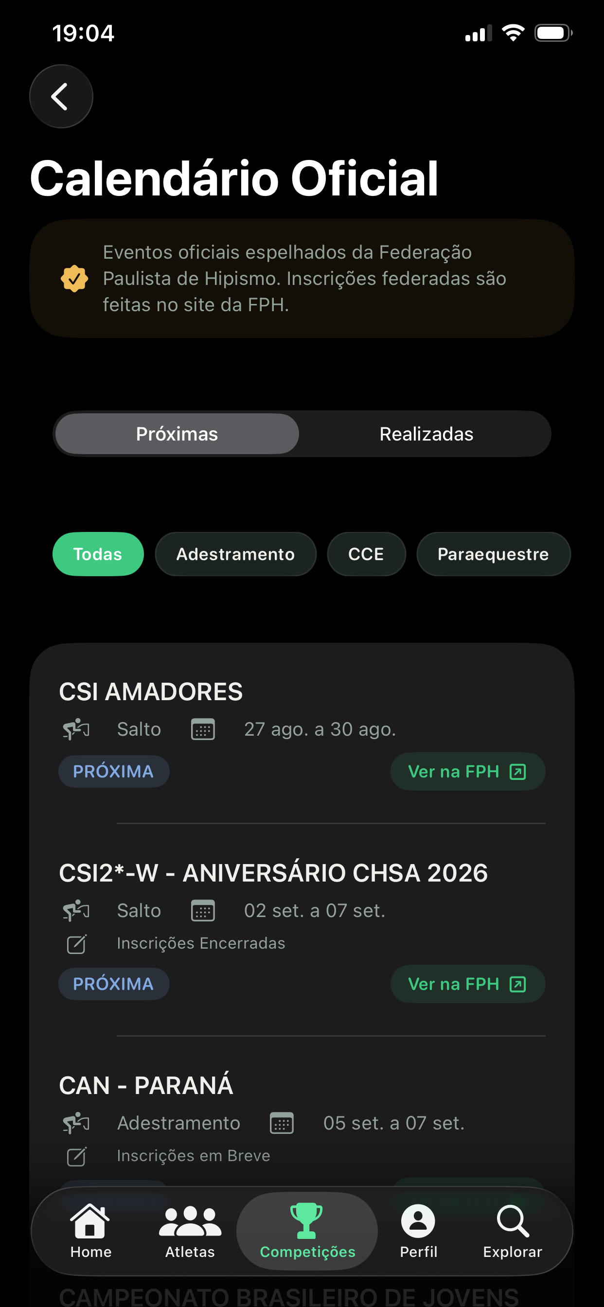 Calendário oficial de provas com filtros por modalidade