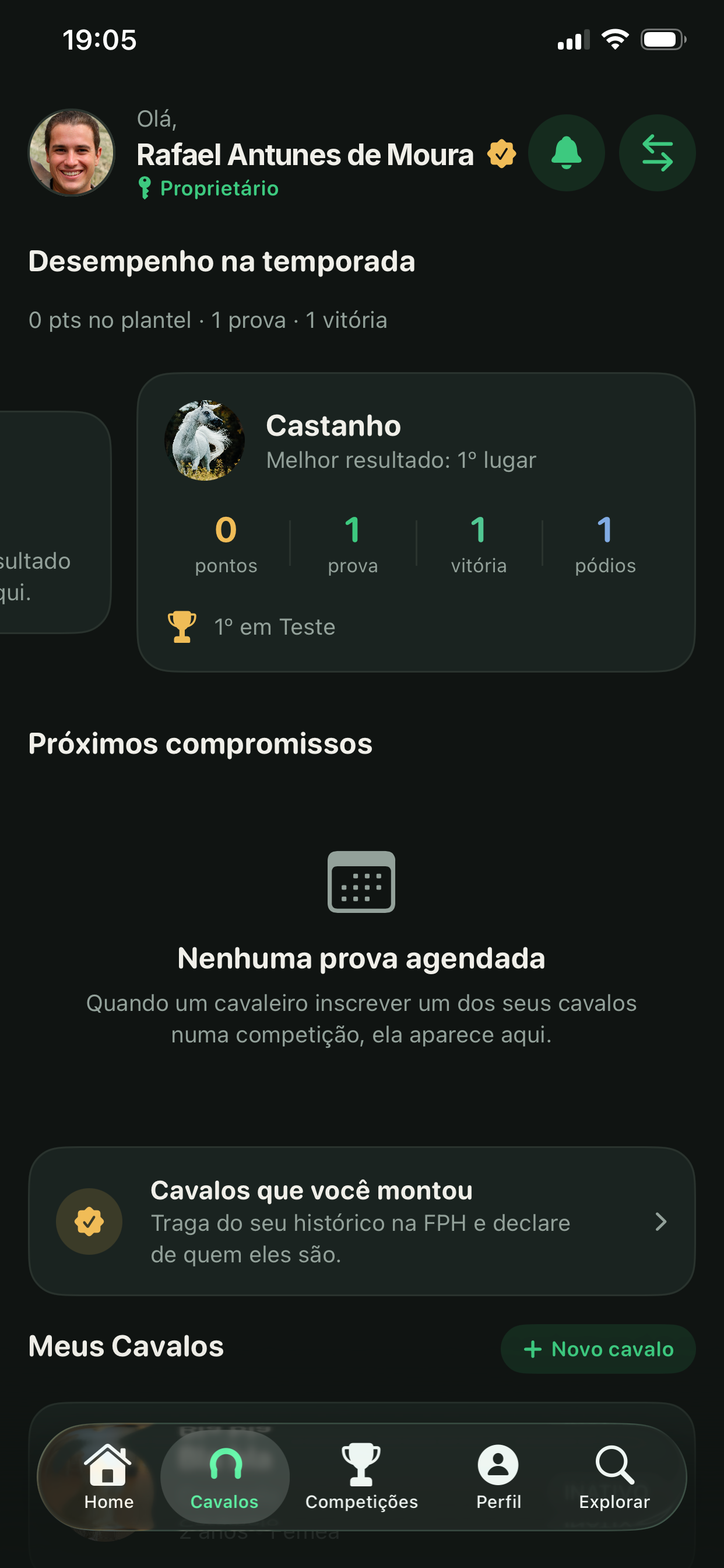 Home do proprietário com desempenho do plantel na temporada