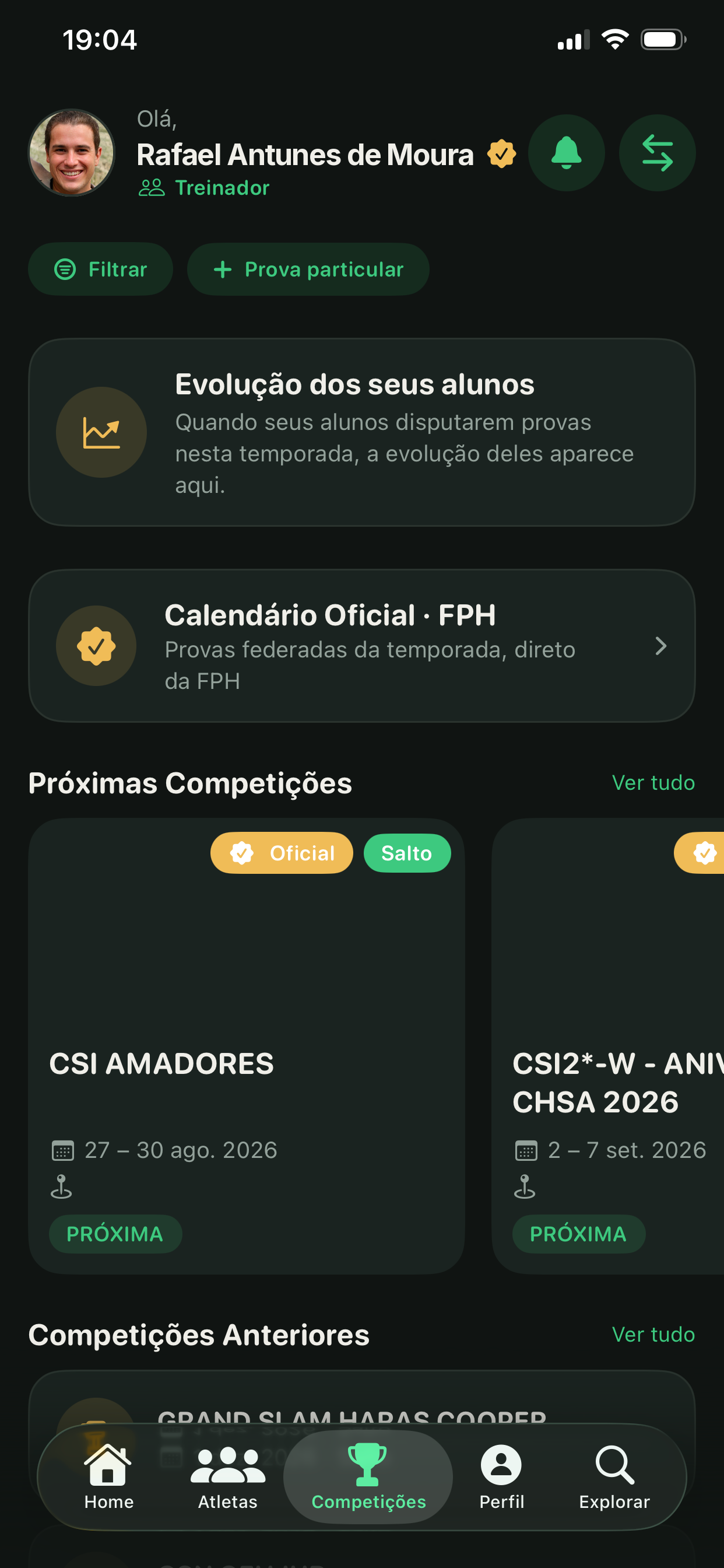Tela do treinador com evolução dos alunos e próximas competições