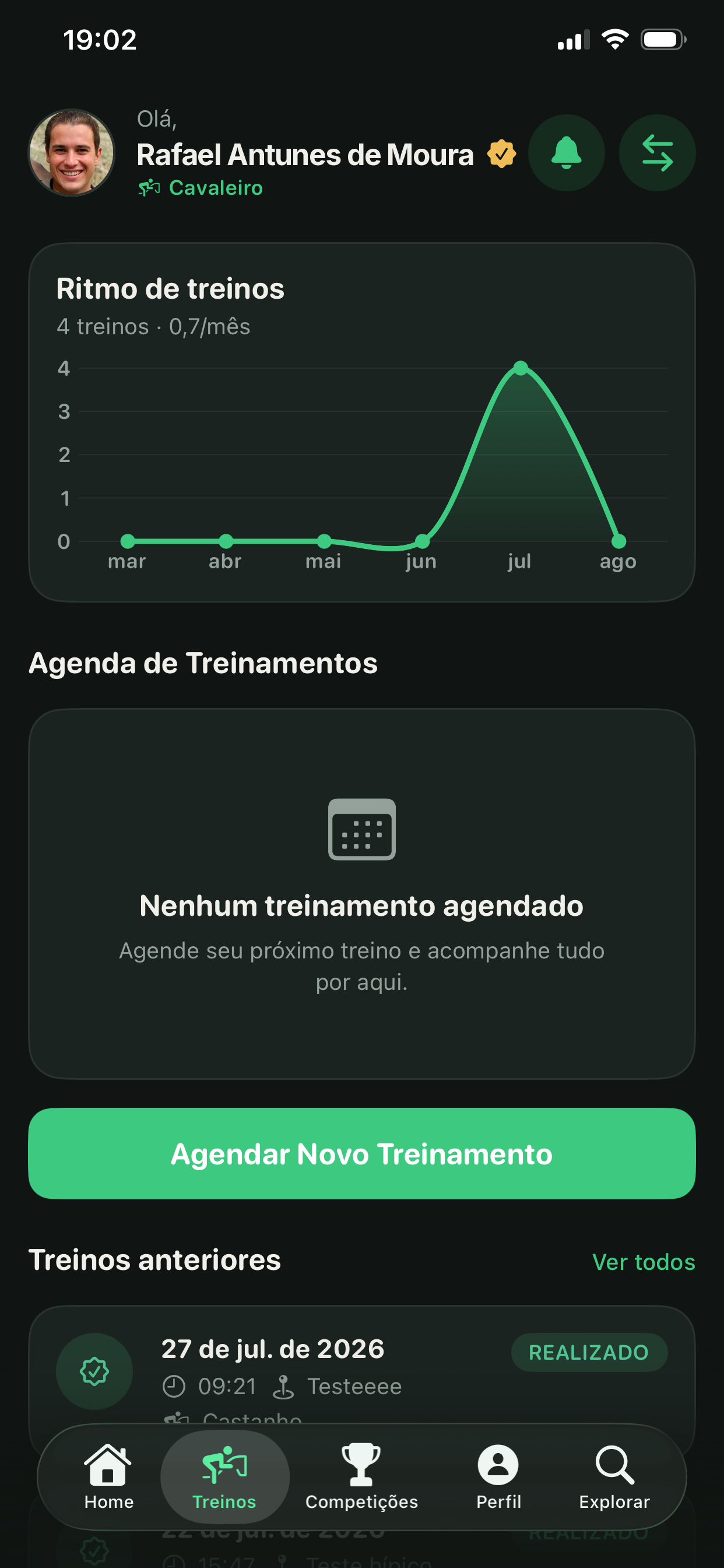 Tela de treinos do Hipism Elite Pro